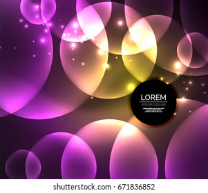 Glowing shiny overlapping circles composition on dark background, purple and yellow colors magic style light effects abstract design template