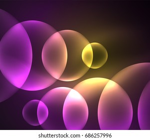 Glowing shiny overlapping circles composition on dark background, purple and yellow colors magic style light effects abstract design template