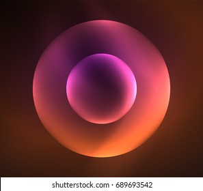 Glowing shiny overlapping circles composition on dark background, magic style light effects abstract design template
