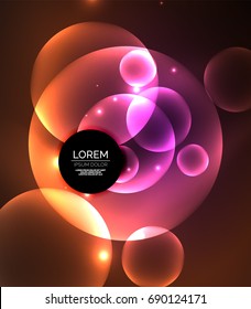 Glowing shiny overlapping circles composition on dark background, magic style light effects abstract design template