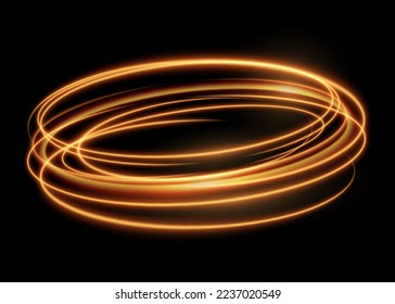 Glowing shiny spiral light painting magic glow, golden sparkling effect. Vector curly gold spirals, motion of twinkling sparkle rays. Vector abstract light speed motion effect. Shiny wavy trail