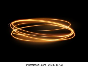 Glowing shiny spiral line effect vector background. Abstract light speed motion effect. Shiny wavy trail. Light painting magic glow. Curly gold spirals, motion of twinkling sparkle rays