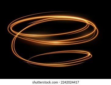 Glowing shiny spiral line effect, glowing abstract light speed motion effect. Light painting magic glow. Shiny wavy trail. Curly gold spirals, motion of twinkling sparkle rays