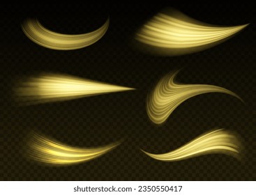 Glowing shiny spiral lines abstract speed of light and shiny wavy trail. Abstract speed motion vector effect. Shiny wavy trail. Glitter golden swirl on transparent background. Twist light line yellow.
