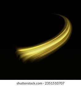 Glowing shiny spiral lines abstract speed of light and shiny wavy trail. Abstract speed motion vector effect. Shiny wavy trail. Glitter golden swirl on transparent background. Twist light line yellow.