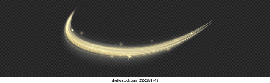 Glowing shiny spiral lines abstract speed of light and shiny wavy trail. Abstract speed motion vector effect. Shiny wavy trail. Glitter golden swirl on transparent background. Twist light line yellow.