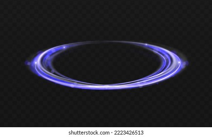 Glowing shiny spiral lines effect. Curved line light. Glittering wavy trail. Swirling glow neon circle. Rotating shining rings. Swirl with flare sparkles. Dynamic blue motion wave. Vector