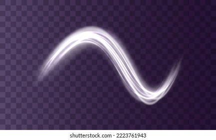Glowing shiny spiral lines effect. Curved line light. Glittering wavy trail. Swirling glow neon circle. Rotating shining rings. Silver swirl with flare sparkles. Dynamic white motion wave. Vector