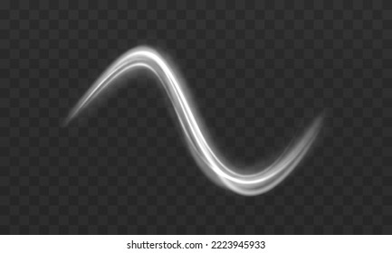 Glowing shiny spiral lines effect. Curved line light. Glittering wavy trail. Swirling glow neon circle. Rotating shining rings. Silver swirl with flare sparkles. Dynamic white motion wave. Vector