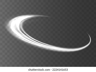 Glowing shiny spiral lines effect. Curved line light. Glittering wavy trail. Swirling glow neon circle. Rotating shining rings. Silver swirl with flare sparkles. Dynamic white motion wave. Vector