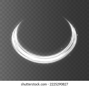 Glowing shiny spiral lines effect. Curved line light. Glittering wavy trail. Swirling glow neon circle. Rotating shining rings. Silver swirl with flare sparkles. Dynamic white motion wave. Vector