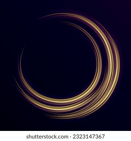 Glowing shiny spiral lines effect vector background. Light gold Twirl. Shiny wavy trail. Curve light effect of golden line. Abstract neon motion glowing wavy lines. Luminous orange, yellow circle.	