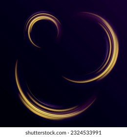 Glowing shiny spiral lines effect vector background. Light gold Twirl. Shiny wavy trail. Curve light effect of golden line. Abstract neon motion glowing wavy lines. Luminous orange, yellow circle.	