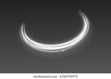 Glowing shiny spiral lines effect. Curved line light. Glittering wavy trail. Swirling glow neon circle. Rotating shining rings. Silver swirl with flare sparkles. Dynamic white motion wave. Vector