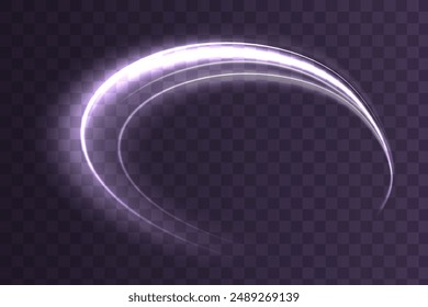 Glowing shiny spiral lines effect. Curved line light. Glittering wavy trail. Swirling glow neon circle. Rotating shining rings. Silver swirl with flare sparkles. Dynamic white motion wave. Vector