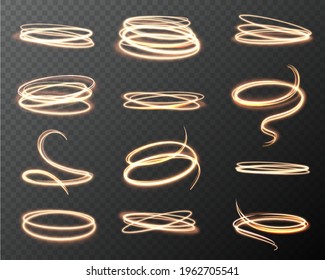 Glowing shiny spirals light effect. Golden luminous spirals, long exposure shimmer effects collection, twisted rounded curves, magic energy rings. Decoration element vector isolated set