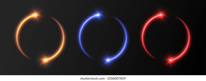 Glowing shooting star circles with sparkles, light frames, stars in circular motion, abstract shiny rings with particles. Vector illustration.