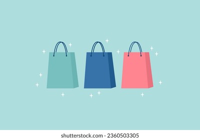 Glowing shopping bags on a green turquoise background. Flat vector illustration