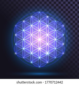 Glowing sign of the Flower of Life, a symbol of Eastern philosophy and harmony