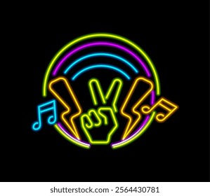 Glowing sign of peace gesture with treble clef and thunderbolt and sound waves. Vector realistic hippie symbol with neon light effect. Night club badge or signboard. Karaoke bar entertainment