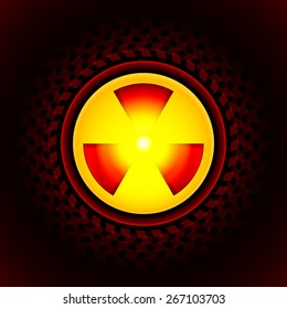  Glowing sign of radiation with a pattern on a circle on a dark background. Abstract radiation hazard sign.  Color radioactivity image.