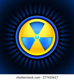  Glowing sign of radiation with a pattern on a circle on a dark background. Warning radioactive zone.
