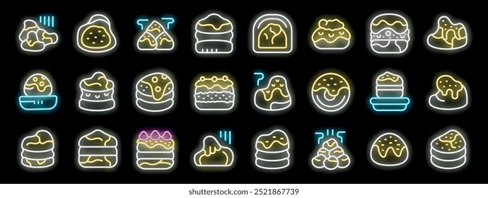 Glowing signs with different types of choux pastry, design elements for bakery, pastry shop, cafe, restaurant