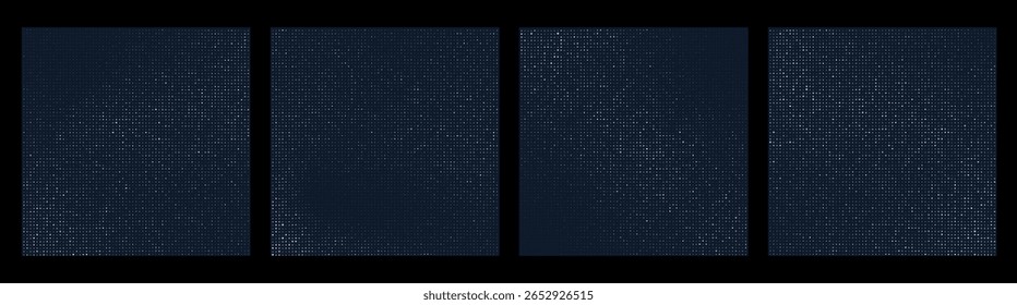 Pontos prateados brilhantes se sobrepõem sobre fundo azul escuro com espaço para cópia. Luxo brilhante padrão de meio-tom brilhante. Modelo de design vetorial para convite festivo, Cartão de Natal, Banner de Ano Novo