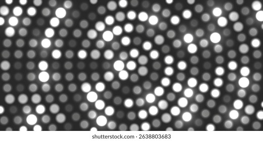 Glowing silver halftone dot background. Bright circular lights grid on dark. White grey futuristic and vibrant texture pattern. Geometric minimal digital design. Abstract vector illustration.