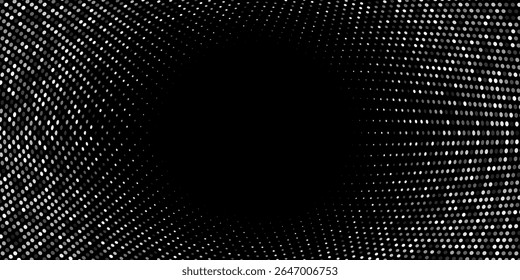 Fundo de ponto de meio-tom prata brilhante. Grade de luzes circulares brilhantes no escuro. Padrão de textura vibrante futurista. Design digital mínimo geométrico. Ilustração vetorial.