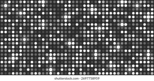 Glowing silver halftone dot background. Bright circular lights grid on dark. White grey futuristic and vibrant texture pattern. Geometric minimal digital design. Abstract vector illustration.