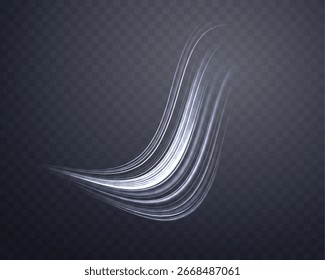 Silberne Linien. Realistische Energiegeschwindigkeit des grauen Neons. Abstrakter Lichteffekt auf dunklem, transparentem Hintergrund. Vektorgrafik.