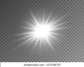 Glowing silver star on transparent background. White rays effect with particles. Christmas design element with silver glitter. Magic light template. Vector illustration.