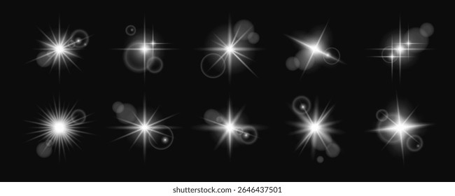 Glowing silver stars and blinks, shiny abstract design elements for celebrations and holidays with sequins and beams. Vector design magic aesthetics.
