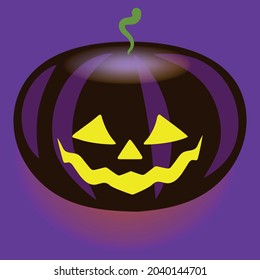 a glowing, sinister black pumpkin with a terrible grin on a dark purple background. celebrating Halloween. bright colorful poster.