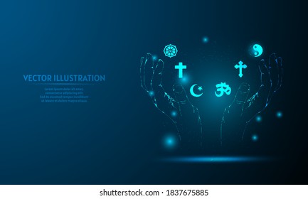 glowing six religon holding on a dark blue background of the space with shining stars.