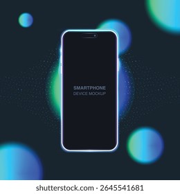 Glowing Smartphone Mockup – Futuristic Mobile Device Template with Technology, Dots, and Particle Effects on UV Light Abstract Background for App UI, Web, and Product Display. Vector.