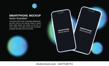 Mockup brilhante Smartphone - Realista 3D Mobile Phone Front View com Neon Light Edge no fundo preto para UI e UX Presentation, Banner e Vetor Design