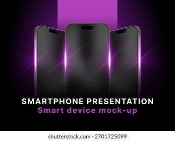 Tecnologia de Smartphone brilhante Mock-Up com ângulo frontal e lateral - Design avançado de tela móvel com apresentação de luz frontal e traseira da tela. Vetor.