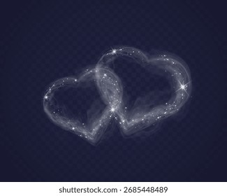 Forma de corazón de humo brillante con efecto de chispa sobre fondo transparente, sendero de luz romántica para San Valentín, amor, diseño de boda.