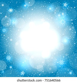Glowing snow circle blue bokeh background. Falling snowflakes azure backdrop. Christmas decoration design template