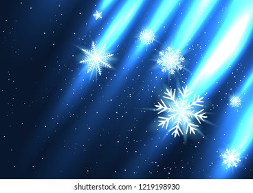 Glowing snow falls from the side. White glow snowflakes on dark snowy background. Ice shape pattern. Winter Christmas holiday decoration