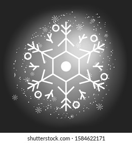 Glowing snowflake design illustration with particles dust. White snowflake in black background. Decoration winter design