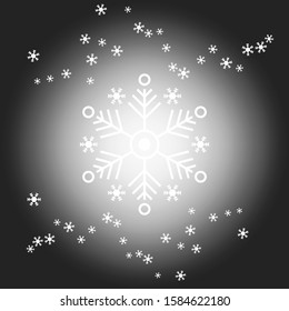 Glowing snowflake design illustration with particles dust. White snowflake in black background. Decoration winter design