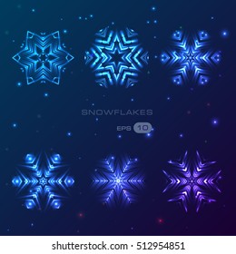 Glowing snowflake. Vector christmas sparkling snowflake. Abstract decorative illustration in geometric style for print, web, greeting card, night party invitation,  flayer, poster design.