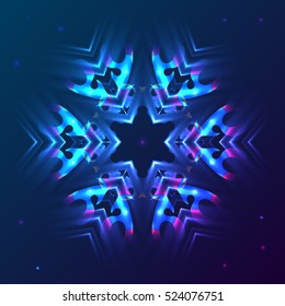 Glowing snowflake. Vector christmas sparkling snowflake. Abstract decorative illustration in geometric style for print, web, greeting card, night party invitation, flayer, poster design