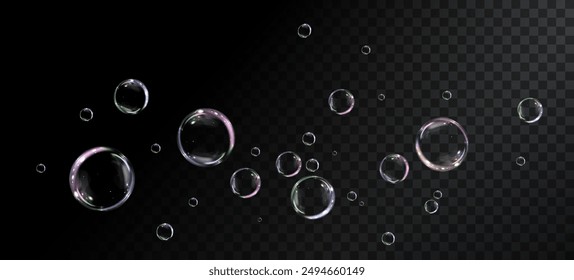 Glowing soap bubbles on black background. Colorful soap bubble on black background. 3D soap balloon. Foam, powder, soap, detergent.	
