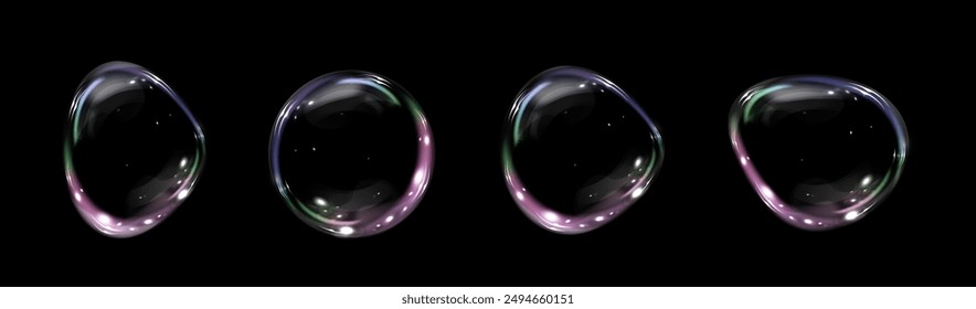 Glowing soap bubbles on black background. Colorful soap bubble on black background. 3D soap balloon. Foam, powder, soap, detergent.	
