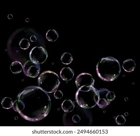 Glowing soap bubbles on black background. Colorful soap bubble on black background. 3D soap balloon. Foam, powder, soap, detergent.	
