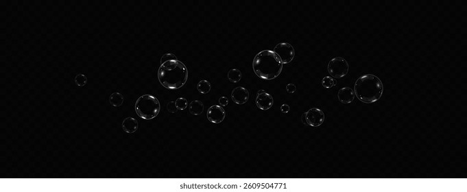 Glowing soap bubbles on black background. Collection of realistic  bubbles, 3D soap balloon. Foam, powder,  Png, soap, detergen, Vector flying  bubbles.